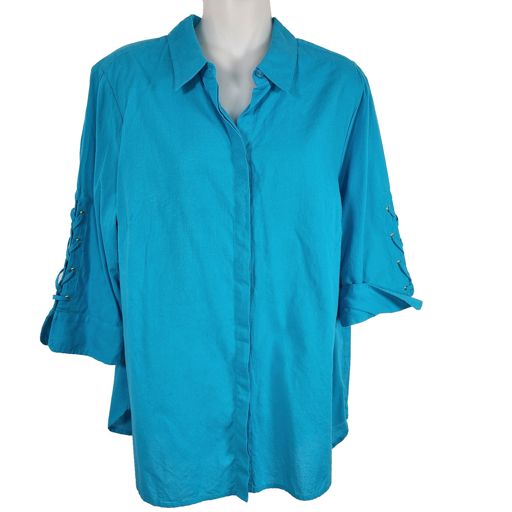 Chico's Womans Shirt Blue Lace Up 3/4 Sleeve Button Cotton Size 2P US Large P